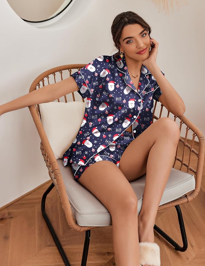 Ekouaer Silk Pajamas for Women Short Sleeve Sleepwear Soft Button Down Loungewear 2 Piece Satin Pjs Shorts Set S-XXL