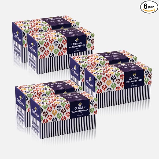 Octavius Tea Sampler Pack | 8 Assorted Black & Green Teas | 32 Teabags | Tea Sampler Variety Pack | Pack of 6 | Mothers Day Tea Gift Box