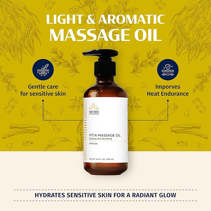 Kerala Ayurveda Cooling Herbal Massage Body Oil | Mind Calming Properties | Nourishes & Hydrates Skin | Indian Madder Root Rich | Ideal for Balancing Pitta Dosha | Tejas Oil - 6.8 Fl Oz