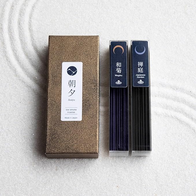 Asayu Japan Low Smoke Incense Sticks - Zen Set (Japanese Garden + Wagiku Chrysanthemum), 40gr (Each Scent 20g), for Yoga, Zen Meditation and Relaxation - Smokeless for Less Irritation