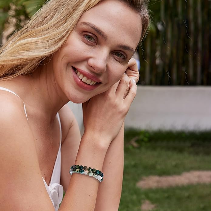 Bivei Natural Gemstone Semi Precious Healing Crystals Handmade Stretchy Round Beads Bracelet, Enhance Positive Energy