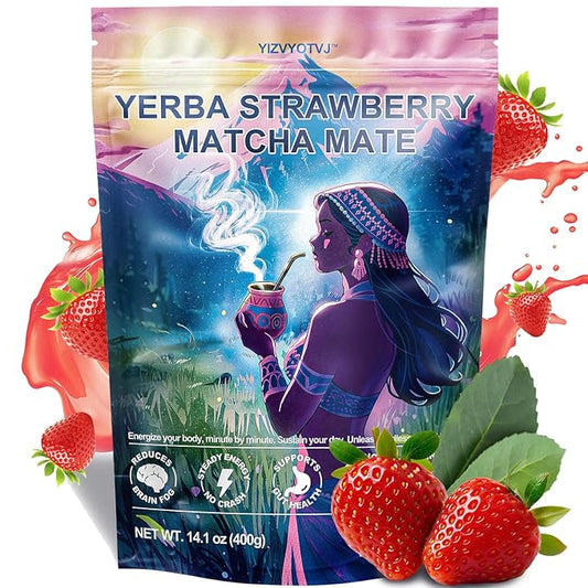 40 Servings (14.1oz) Yerba Mate Instant Tea Powder, 3-in-1 Strawberry Matcha Flavored Low Sugar Super Drink to Support Energy & Focus with Prebiotics and Probiotics