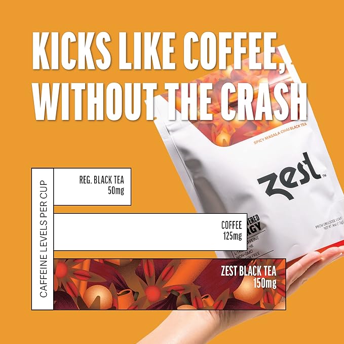 Zest Energy Black Tea - Spicy Masala Chai Loose Leaf Blend - High Caffeine Cardamom Ginger Tea with Cinnamon - Caffeinated Coffee Altnernative - Natural, Non-GMO & Keto - 50 Servings - 150mg Caf
