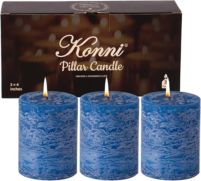 KONNI Blue Pillar Candles Set of 3, 3"x 4" Unscented Pillar Candles Bulk, 39 Hours Long Burning Candles, Smokeless & Dripless Round Candle for Wedding, Home Decoration, Parties, Spas, Dinner