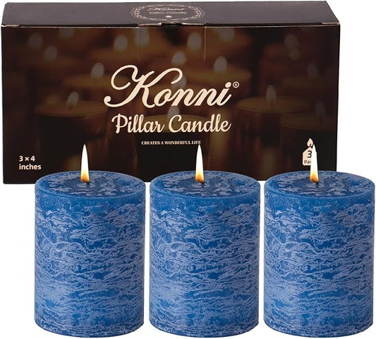 KONNI Blue Pillar Candles Set of 3, 3"x 4" Unscented Pillar Candles Bulk, 39 Hours Long Burning Candles, Smokeless & Dripless Round Candle for Wedding, Home Decoration, Parties, Spas, Dinner