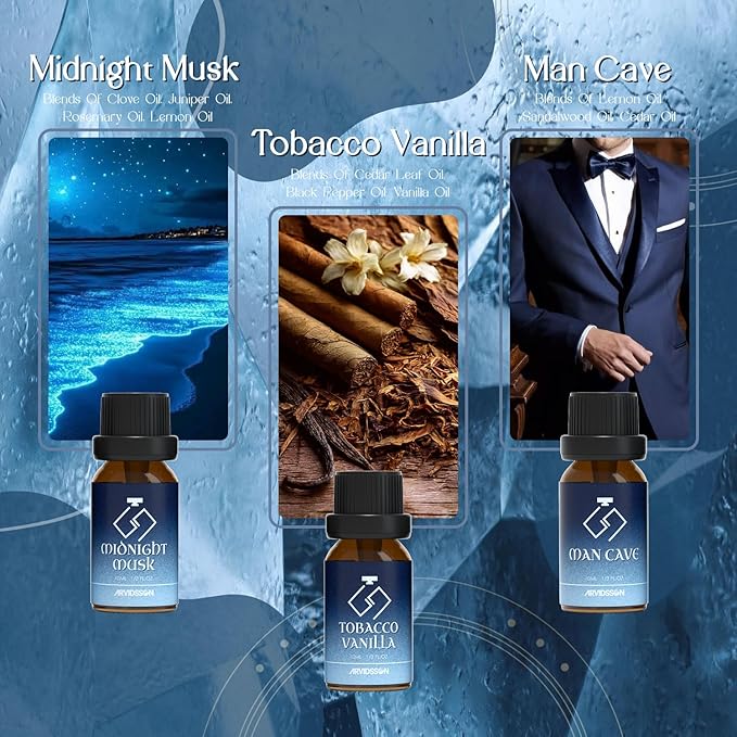 ARVIDSSON Cologne Fragrance Oils Set, Essential Oils for Diffuser | Deep Ocean, Cologne, Amber Oud, Tobacco Vanilla, Man Cave, Midnight Musk, Diffuser Oil Scents for Candle Making, Soap Making