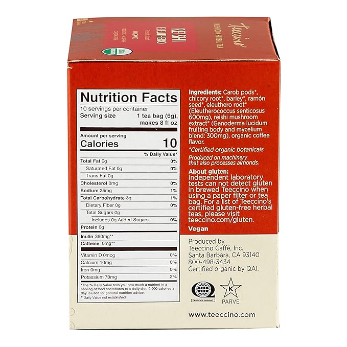 Teeccino Reishi Eleuthero Tea - French Roast - Organic Mushroom Adaptogenic Herbal Tea, 3x More Herbs than Regular Tea Bags, Caffeine Free, Chicory Prebiotic - 10 Tea Bags