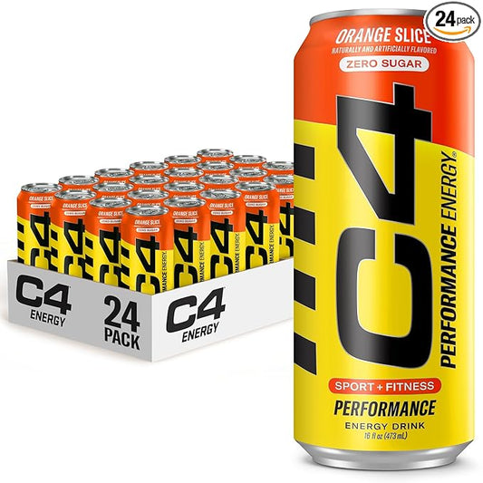 C4 Energy Carbonated Zero Sugar Energy Drink, Pre Workout Drink + Beta Alanine, Orange Slice, 16 Fl Oz (Pack of 24)