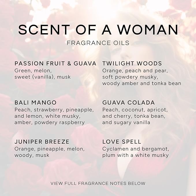 Eternal Essence Oils Scent of a Woman Set of 6 Premium Fragrance Oils - Includes Guava Colada, Twilight Woods, Bali Mango, Passion Fruit & Guava, Juniper Breeze, and Love Spell Scented Oils - 10ML