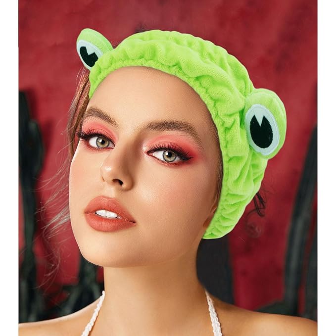 VELSCRUN Spa Headband, Makeup Face Wash Skincare Headbands, 5 Pcs Sponge Get Ready Frog Hairband Facial Wristband Hair Clip Set, Stuff for Teen Girls Women Trendy Fashion Hair Accessories Green