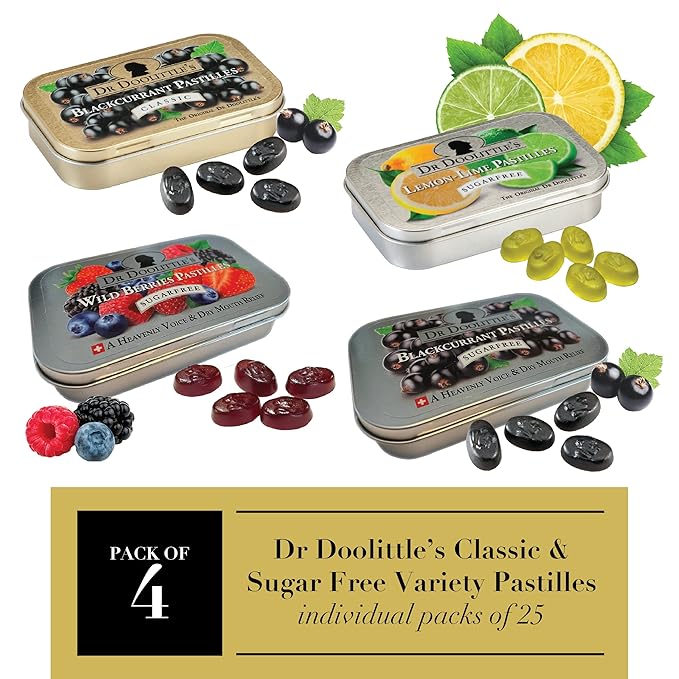Dr. Doolittle’s Soft Fruit Pastilles Sugar Variety Pack for Voice and Throat, Blackcurrant, Lemon Lime, and Wild Berries, 2.12 Ounce Tin, approximately 25 Count Package, 4 Pack