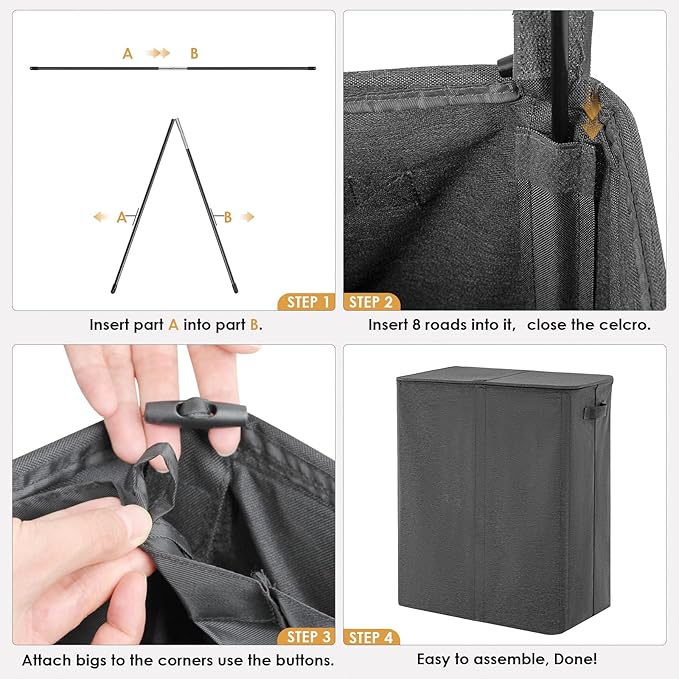 Double Laundry Hamper with Lid, 135L Dirty Clothes Hamper with Removable Bags & Labels, Laundry Basket 2 Section for Separating, Large Laundry Basket for Laundry Room, Bedroom, Dark Grey