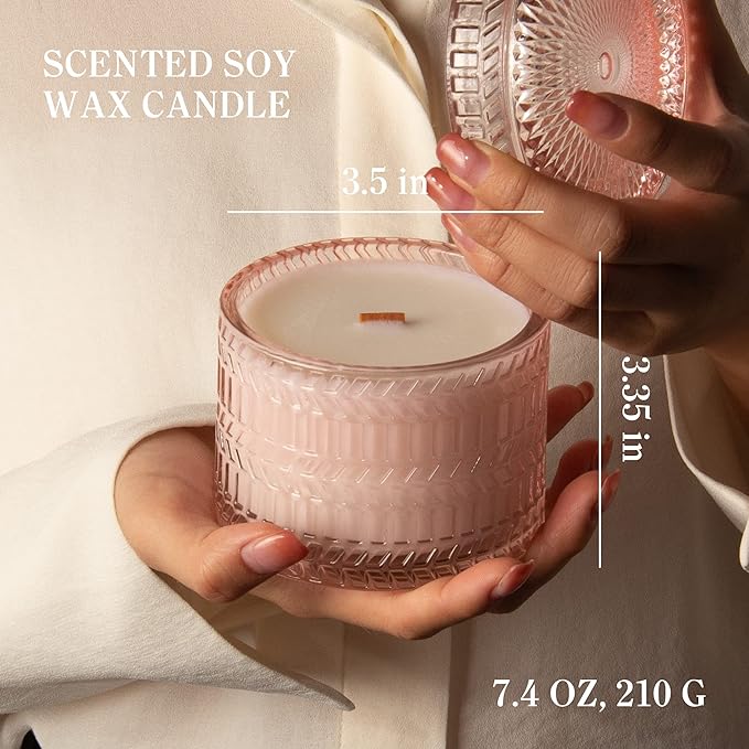 Hidden Label Sandalwood Rose Scented Candle for Home Scented, Santal Wood Wick Decorative Candles, Aromatherapy Candles for Women, Pink Soy Candles Non Toxic Candle, 7.4 oz 55 Hours Long Burn time