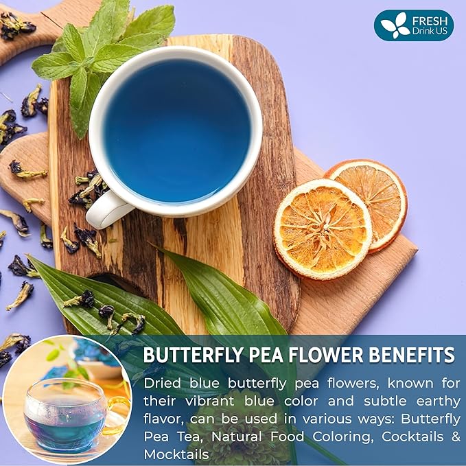 FreshDrinkUS, Premium 8oz Blue Butterfly Pea Flowers Dried – Premium Whole Flower Herbal Tea – Vibrant Blue Natural Color – Caffeine-Free Loose Flower Tea. Vegan