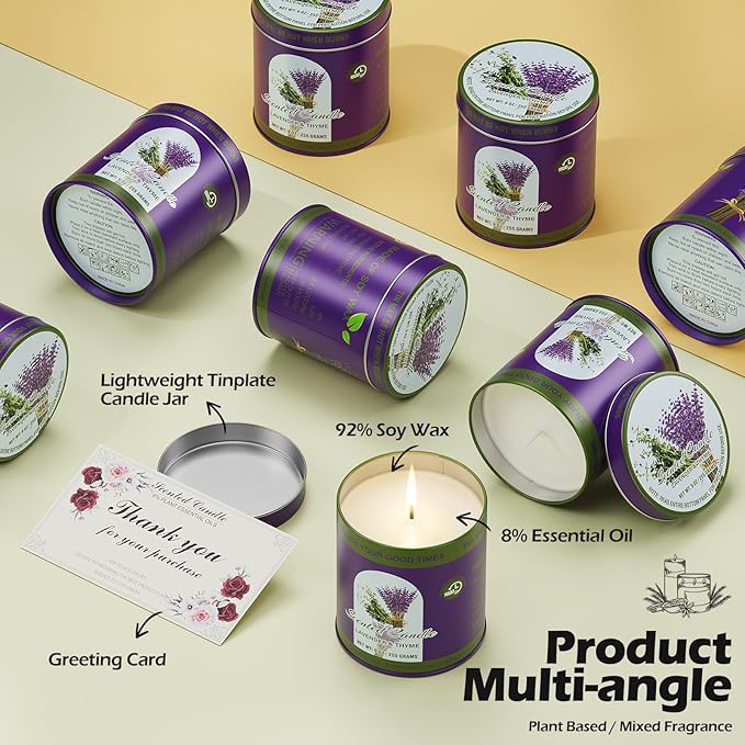 Lavender&Thyme Scented Candle Set | 2Pack 510g 8% Essential Oil, 80H Burn Time | Smokeless Clean-Burning Soy Wax Tin Jar Aromatherapy Candle for Relaxation & Sleep Aid | Candle Gift Set Women&Men