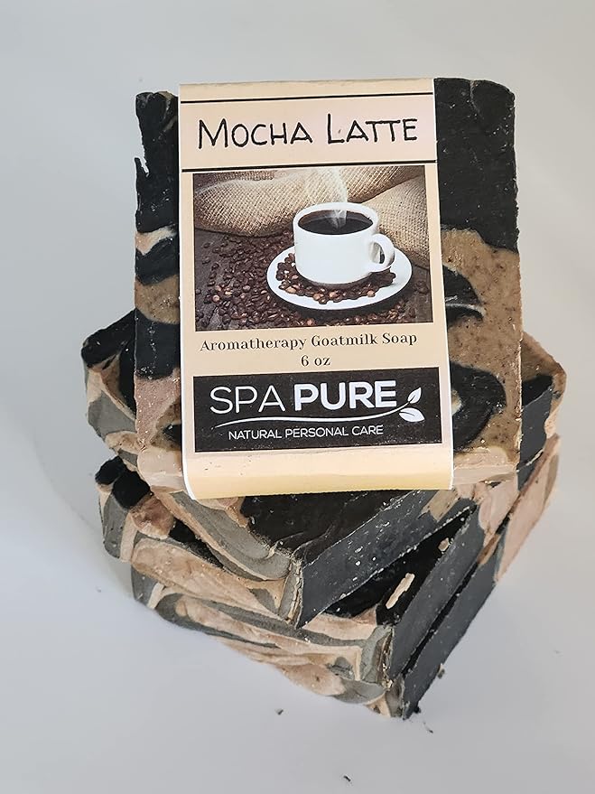 Spa Pure Aromatherapy Gift Set: Mocha Latte Artisan soap, 4 Bath Melts, Made in USA with Plant Based Ingredients, Essential Oils, All Natural, Cotton Soap Bag