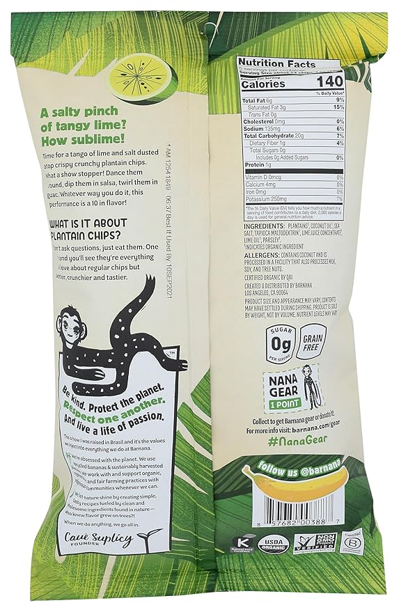 Barnana, Plantain Chips, Organic, Acapulco Lime, 5 Oz, 1 Count