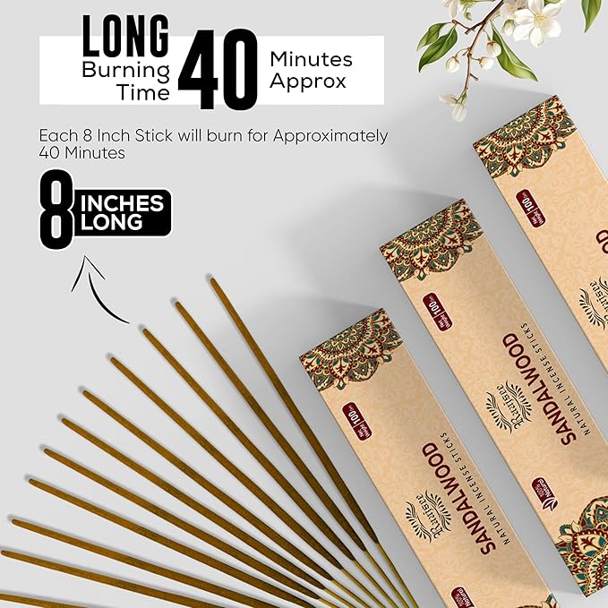 Raajsee Sandalwood Incense Sticks (180 gm), 100% Pure Organic Natural Hand Rolled Free from Chemicals - Sandalwood Incense Perfect for Aromatherapy, Cleansing, Meditation, and Church (Pack of 12)