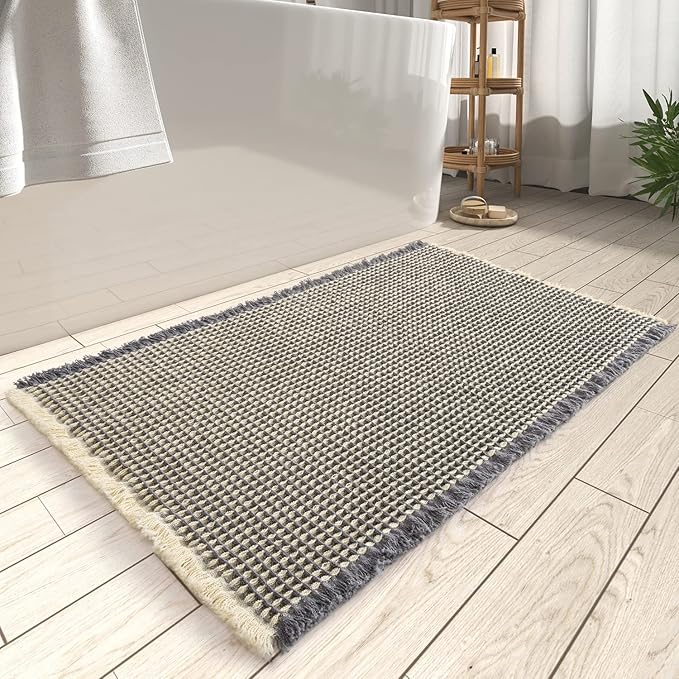 AMOAMI Upgraded Waffle Bath Mat, Super Absorbent Non Slip Bath Mats for Bathroom Floor, Machine Washable Bathroom Rugs with Tassels, Rubber Backed Bathroom Mats Ultra Soft, 24" x 36"