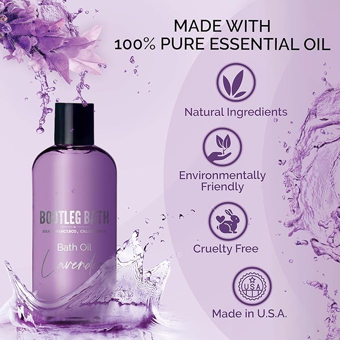 Lavender Bath Oil with Marula, Rosehip, and Jojoba Oils, Chamomile Extract, and 100% Pure Natural Essential Oil, Great Mother's Day Gift, 4oz, for Men and Women, Made in USA