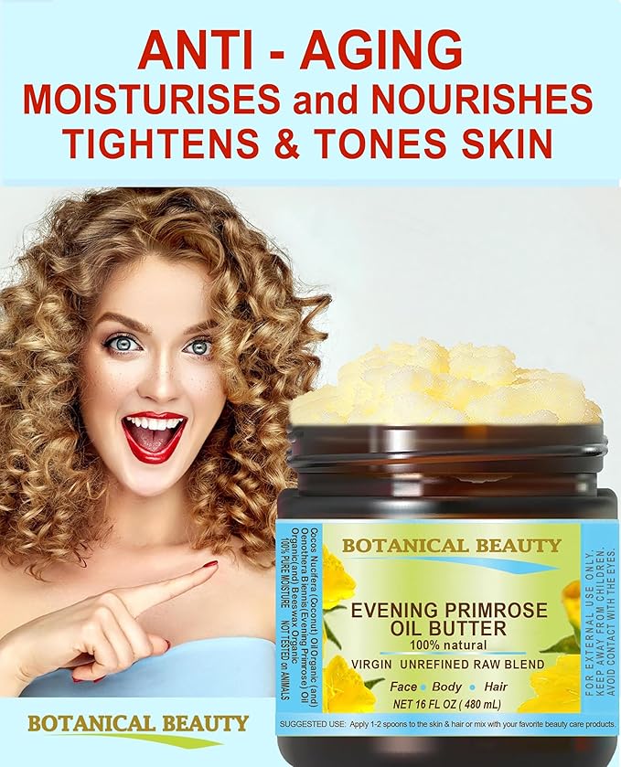 Botanical Beauty EVENING PRIMROSE OIL BUTTER Pure Natural Virgin Unrefined RAW for FACE, SKIN, BODY, DAMAGED HAIR, NAILS. (8 Fl Oz)