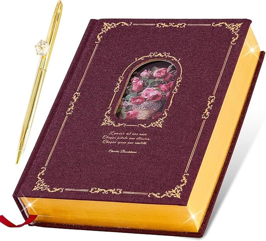 Thick Journal Notebook for Women & Girls, 360 Pages A5 Writing Journaling Notebook with Paintings, Women Journal for Writing, Vintage Journal with Gift Box & Pen for Women Gift Ideas (Claret)