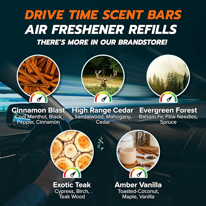 Drive Time Power Fresh Refillable Car Air Freshener – 12V Plug-In Reusable Car Scents Air Enhancer with Long-Lasting Scent Up to 30 Days – Includes 4 Scent Bars – Compact Design - Silver