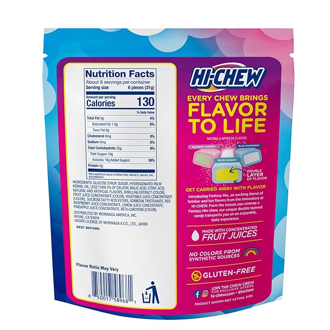 HI-CHEW Fantasy Mix, Rainbow Sherbet Blue Hawaii Blue Raspberry, 220+ Pieces, 4 Stand Up Pouches, 12.7oz ea - Unique Fun Soft Chewy Candy - Immensely Juicy Flavors - Individually Wrapped Halloween Sharing Candy