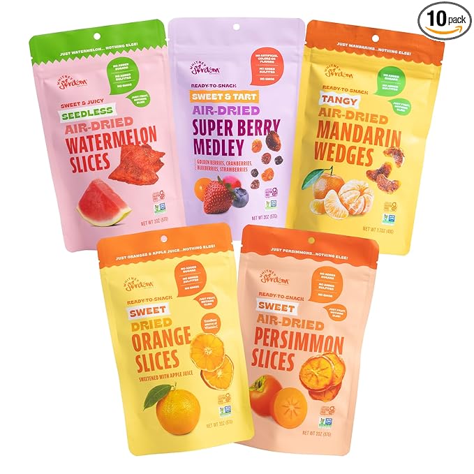 Whitney Jordan Naturals Air-Dried Fruit Variety Pack | Dried Fruit Snack with Watermelon, Persimmon, Orange, Super Berry Medley & Mandarin | No Sugar Added, Gluten-Free, Vegan | 2 Oz, Pack of 10