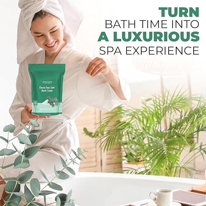 Aromasong Dead Sea Salt - Fine Grain Spa Bath Salt Eucalyptus Scent 14 Oz – 100% Pure & Natural - Soak for Women & Men for Skin Issues and to Relax Tired Muscles