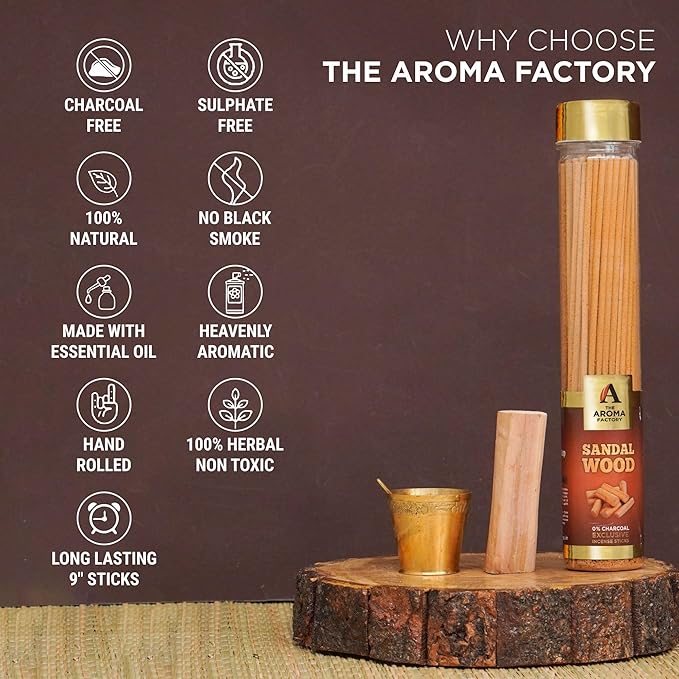The Aroma Factory Chandan Sandalwood Agarbatti for Pooja, Luxury Incense Sticks, Premium and Fresh Fragrance for Home, Meditation (Bottle Pack of 1, 100 Gram) 4 Cm X 4 Cm X 26 Cm Multicolour