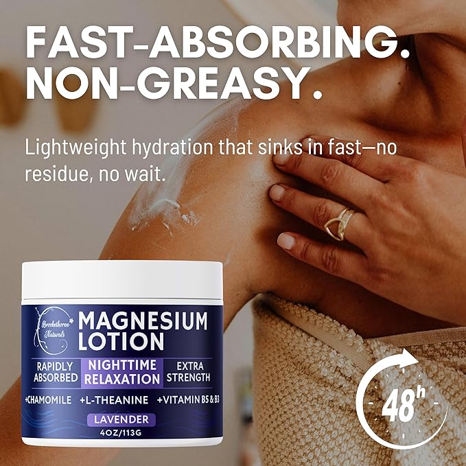 Brookethorne Naturals Nighttime Magnesium Lotion for Sleep | Lavender Magnesium Cream with L-Theanine & Chamomile | Topical Cream for Relaxation Adults & Kids | Non-Greasy, Vegan, Made in USA | 4oz