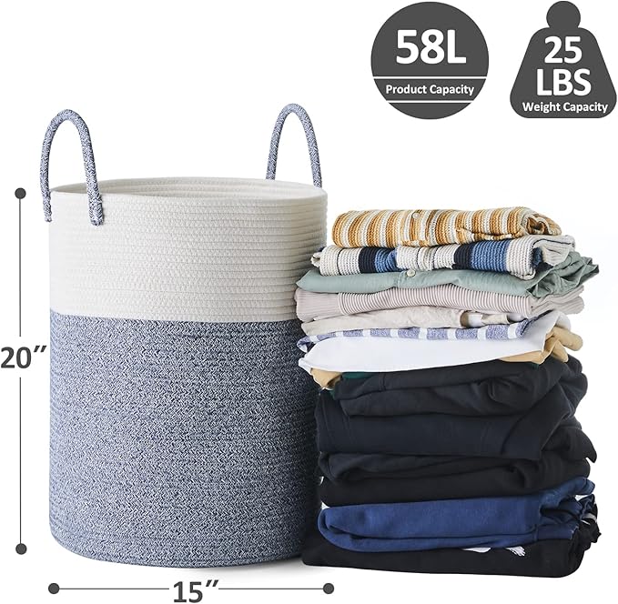 Cotton Rope Laundry Hamper by YOUDENOVA, 58L - Woven Collapsible Laundry Basket - Clothes Storage Basket for Blankets, Laundry Room Organizing, Bedroom Storage, Clothes Hamper – Blue