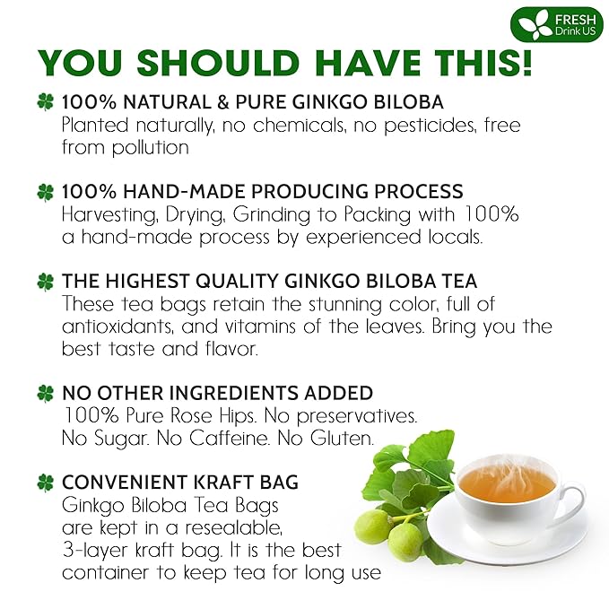 FreshDrinkUS, Premium 55 Ginkgo Biloba Leaf Tea Bags, 100% Natural & Pure from Ginkgo Biloba Leaves. Loose Leaf Herbal Tea. Made with Eco-Conscious Tea Bags. No Sugar, No Caffeine, No Gluten, Vegan.