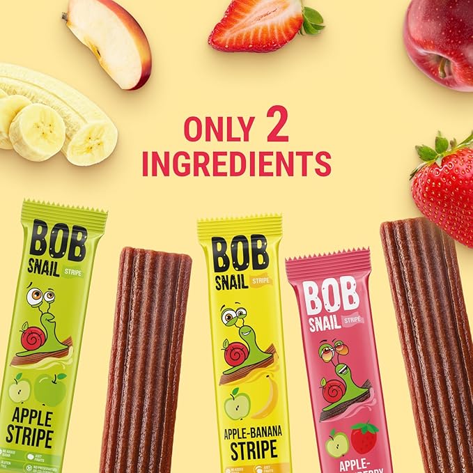 BOB SNAIL Healthy Organic Fruit Snacks for Kids and Adults – 30 Organic Fruit Leather Snacks with Apple, Banana, Strawberry – Vegan Low-Carb Variety Pack Strips for Kids – Sugar Free Jerky Bars