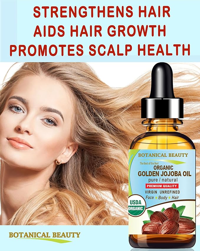 Botanical Beauty Organic JOJOBA OIL 100% Pure Natural VIRGIN UNREFINED Cold-Pressed Carrier Oil 1 Fl oz 30 ml for Face, Skin, Body, Hair, Lip, Nails. Rich in Vitamin E, Omega 6, Omega 9