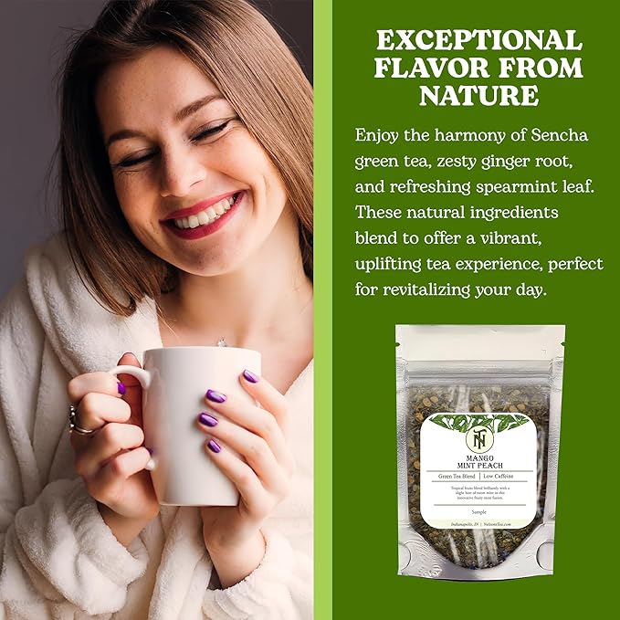 Nelson's Tea Mango Mint Peach - Sencha Green Tea with Ginger Root, Spearmint Leaf, and Dried Mango Loose Leaf Tea (Sample 0.4 Oz)
