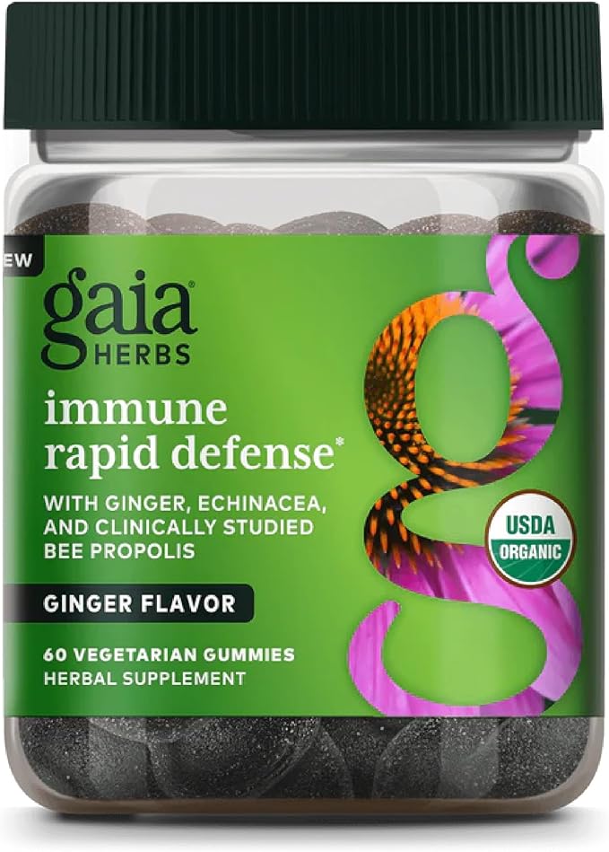 Gaia Herbs Organic Immune Rapid Defense Gummies - Supports Immunity - with Propolis, Ginger, and Echinacea - 60 Vegan Gummies (30-Day Supply)