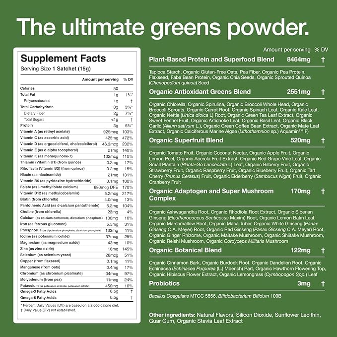 Huel Daily Greens Single Serve | Superfood Greens Powder | 91 Vitamins, Minerals, and Wholefood-Sourced Ingredients | Adaptogens, Antioxidants, Gut-Friendly Probiotics | 12 Pack