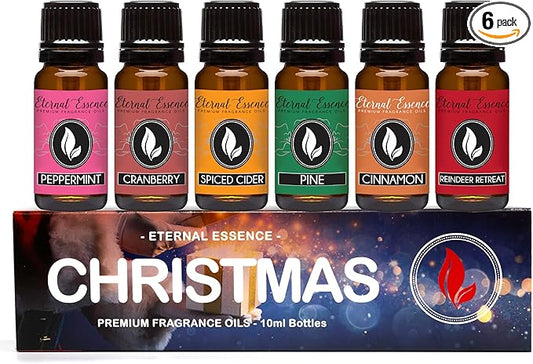 Eternal Essence Oils Christmas Set of 6 Premium Fragrance Oils - Peppermint, Cranberry, Spiced Cider, Pine, Cinnamon and Reindeer Retreat - for Diffusers, Candle & Soap Making, & Aromatherapy - 10ML