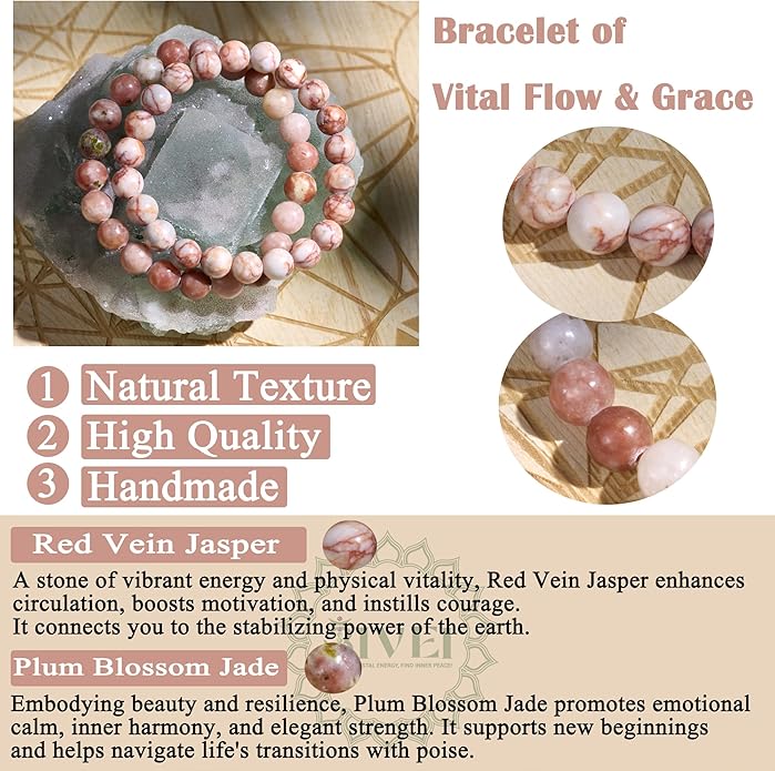 Bivei Natural Gemstone Semi Precious Healing Crystals Handmade Stretchy Round Beads Bracelet, Enhance Positive Energy