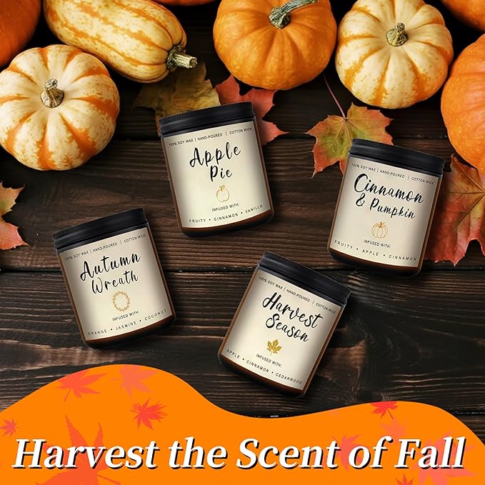 Fall Candles Gift Set – 4 Pack Scented Soy Candles for Home, Autumn Decor, Fall Decorations, Pumpkin Spice, Apple Pie, Cinnamon, Harvest – Great for Halloween & Thanksgiving Gifts