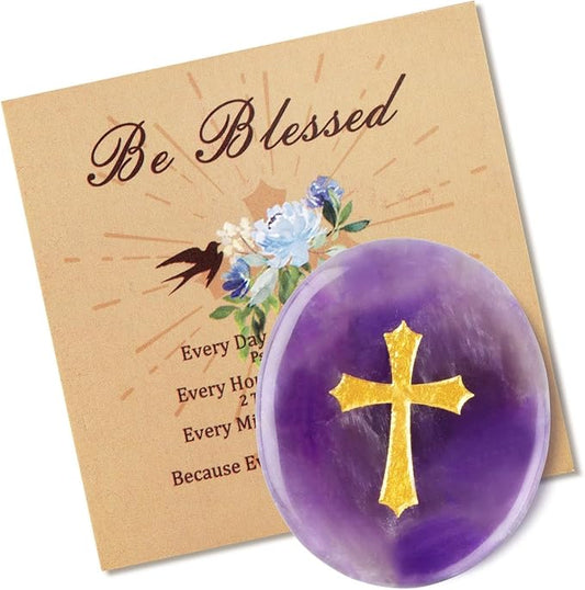 LAIDANLA Amethyst Cross Engraved Healing Crystal Worry Stones for Pray Faith Anxiety Relief Oval Palm Stone Polished Natural Crystal Gifts