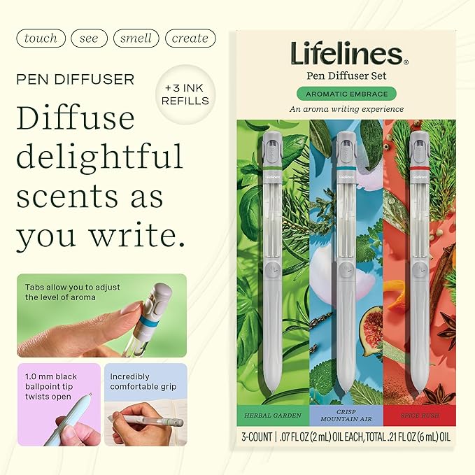 Lifelines Pen Diffuser Set, Aromatic Embrace 3-Pack – 1mm Black Ballpoint Pens with Scented Essential Oil Blends – Aromatherapy Diffuser & Sensory Immersion Diffuse Aroma As You Write