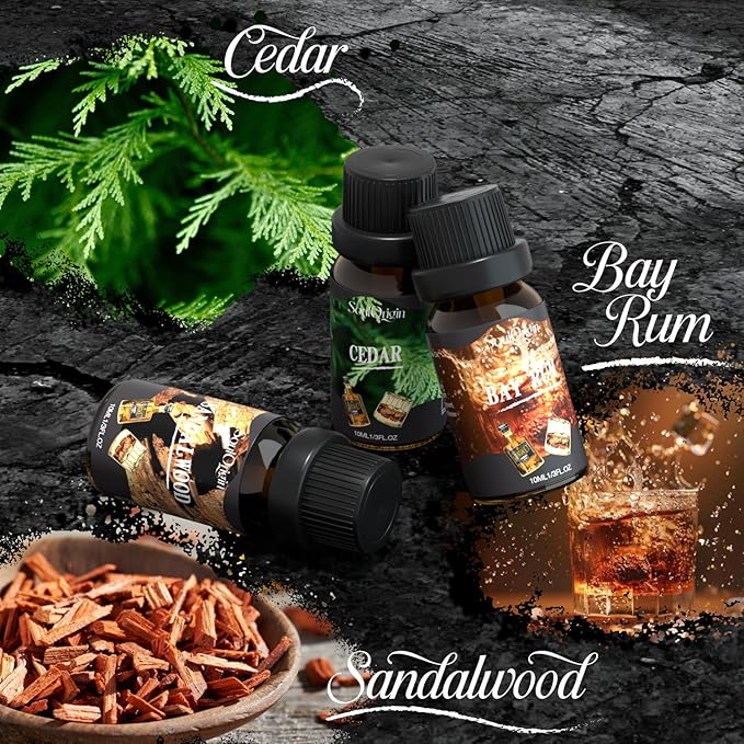 Gentleman Fragrance Oils Set, Essential Oil for Diffuser, Diffuser Oil, Use for Soap Candle Making, Sandalwood, Cedar, Rum, Leather, Smoky Oud, and Frankincense & Myrrh