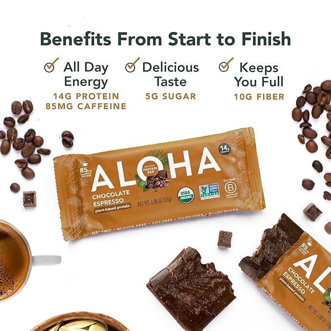 ALOHA Organic Plant Based Protein Bars - Chocolate Espresso (85mg Caffeine) - 12 Bars, Vegan, Low Sugar, Gluten-Free, Paleo, Low Carb, Non-GMO, No Stevia, No Erythritol