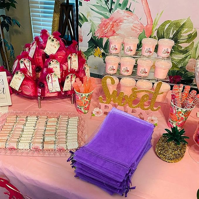 ANZNKU 100PCS Premium Purple Organza Bags 5x7 inches Mesh Bags Drawstring, Gift Bag Small Size for Halloween, Organza Favor Bag