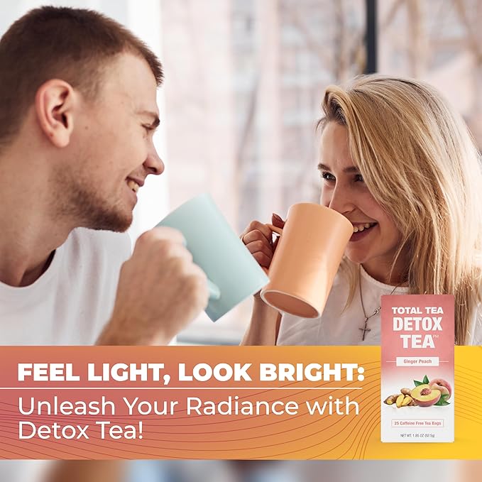Total Tea SIimming Detox Tea Caffeine Free - 25 Day Detox - Weight l0ss for women with Chamomile, Hibiscus Tea & Ginger Root for Colon Cleanse – Natural Herbal Ginger & Peach Tea for Digestive Health