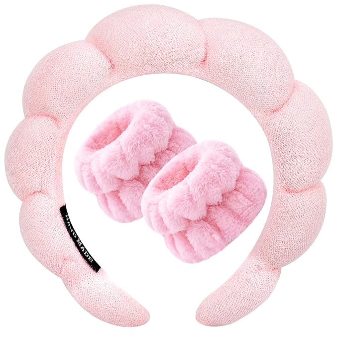 Zkptops Spa Headband for Washing Face Wristband Sponge Makeup Skincare Headband Terry Cloth Bubble Soft Get Ready Hairband for Women Girl Puffy Padded Headwear Non Slip Thick Hair Accessory(Pink)