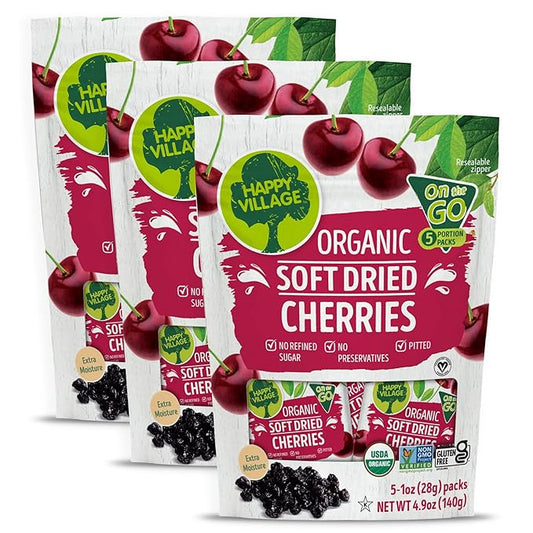 Happy Village Organic Soft Dried Cherries On the Go – 3 Bags (15 Individual Portion Packs) | Healthy, Organic, Non-GMO, Vegan, Kosher, Gluten-Free Snack Packs
